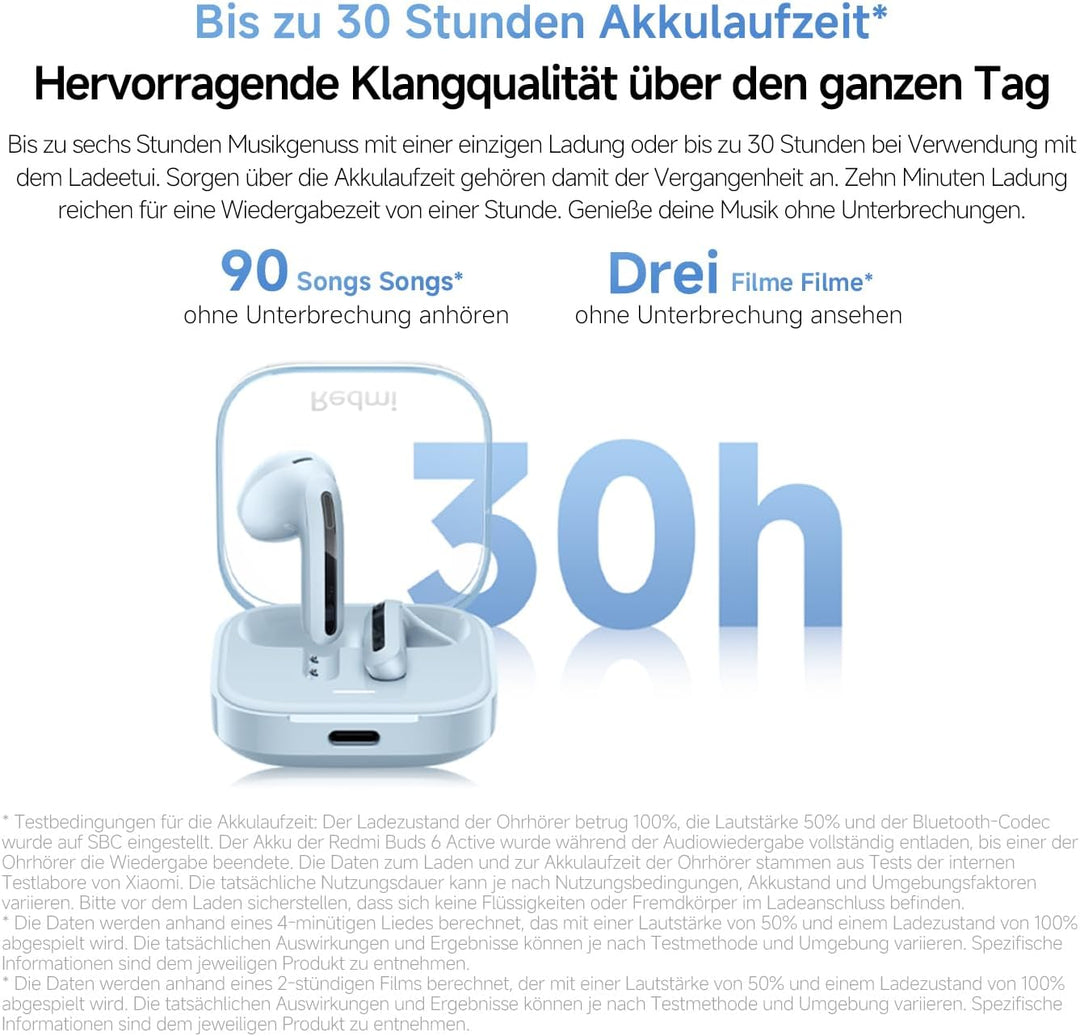 XIAOMI Redmi Buds 6 Active – In-Ear Kopfhörer, Bluetooth 5.4, bis zu 30 Stunden Akkulaufzeit, 14.2mm