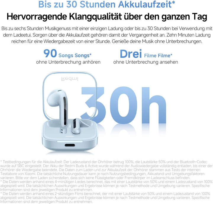 XIAOMI Redmi Buds 6 Active – In-Ear Kopfhörer, Bluetooth 5.4, bis zu 30 Stunden Akkulaufzeit, 14.2mm