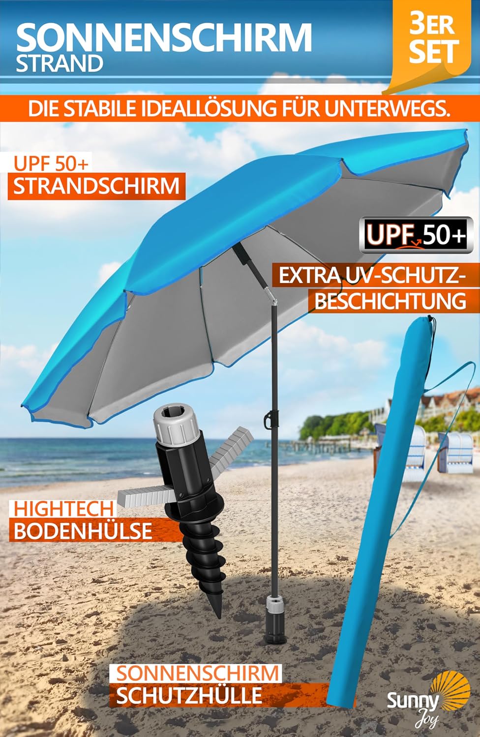 4smile Sonnenschirm Strand Ø 200 cm, 3-in-1 SET mit Bodenhülse, Blau | UPF 50+ Strandschirm + Sonnen
