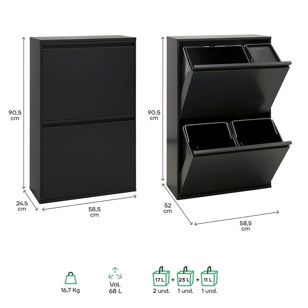 ARREGUI Basic CR606-B2 Mülltrennsystem aus Stahl | 4 Fächer Mülleimer für die Küche | 1 Extra Grosse