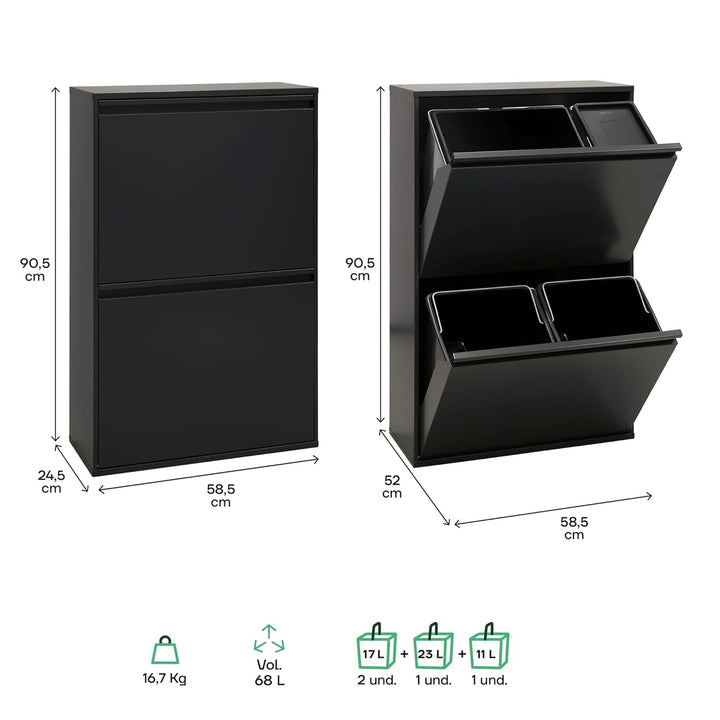 ARREGUI Basic CR606-B2 Mülltrennsystem aus Stahl | 4 Fächer Mülleimer für die Küche | 1 Extra Grosse