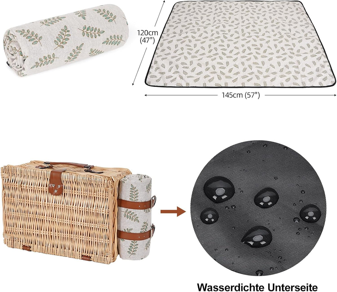 Picknickkorb für 2 Personen, Picknickkorb-Set mit Kühlfach und wasserdichte Picknickdecke, Besteck S