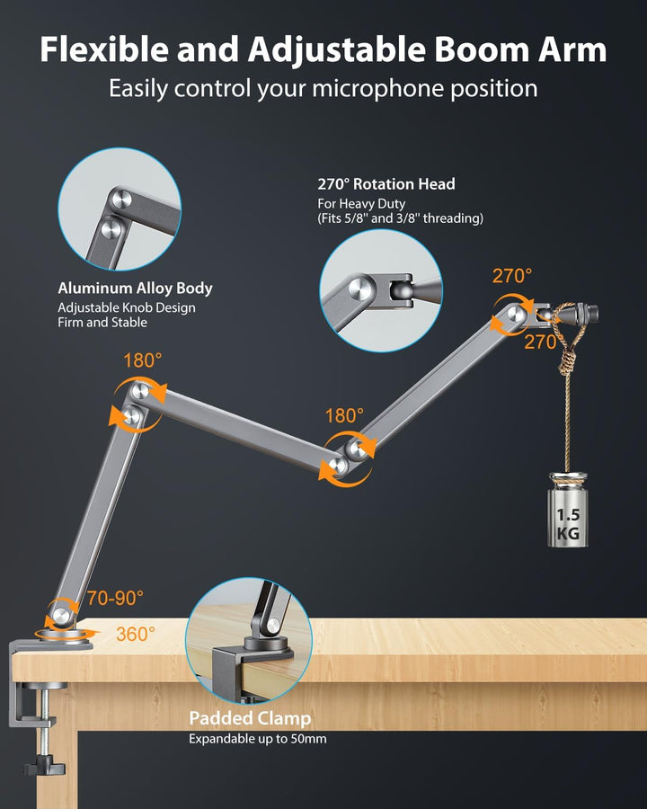FULAIM Aluminium Mikrofon Arm kompatibel mit RODE Mikrofon, Einstellbarer Mikrofonständer für Shure