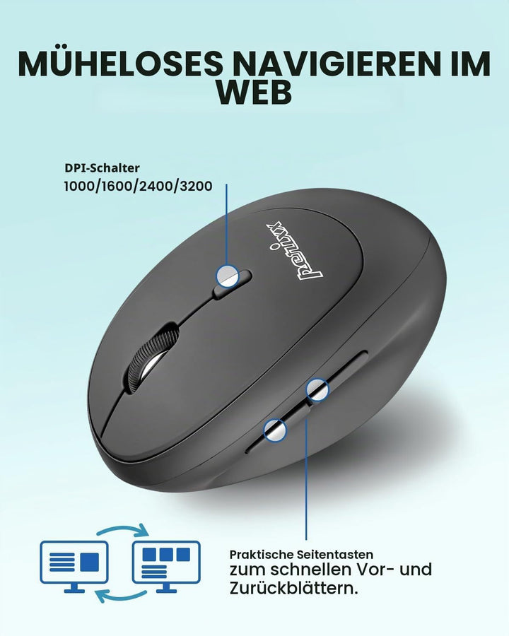 Perixx PERIMICE-719RX Kabellose Duo-Akku Ergonomische Vertikale Maus, 2.4GHz, 6 Tasten, Einstellbare