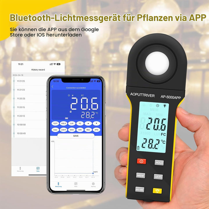 AP-5000APP Digital Luxmeter, Lichtmessgerät Messen 0,1~400.000 Lux Fusskerzen mit 270º Drehbarem Sen