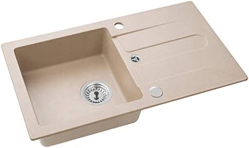 VBChome Spüle Beige 75 x 42 cm mit Spültischarmatur Granit Einzelbecken Einbauspüle gesprenkelt reve