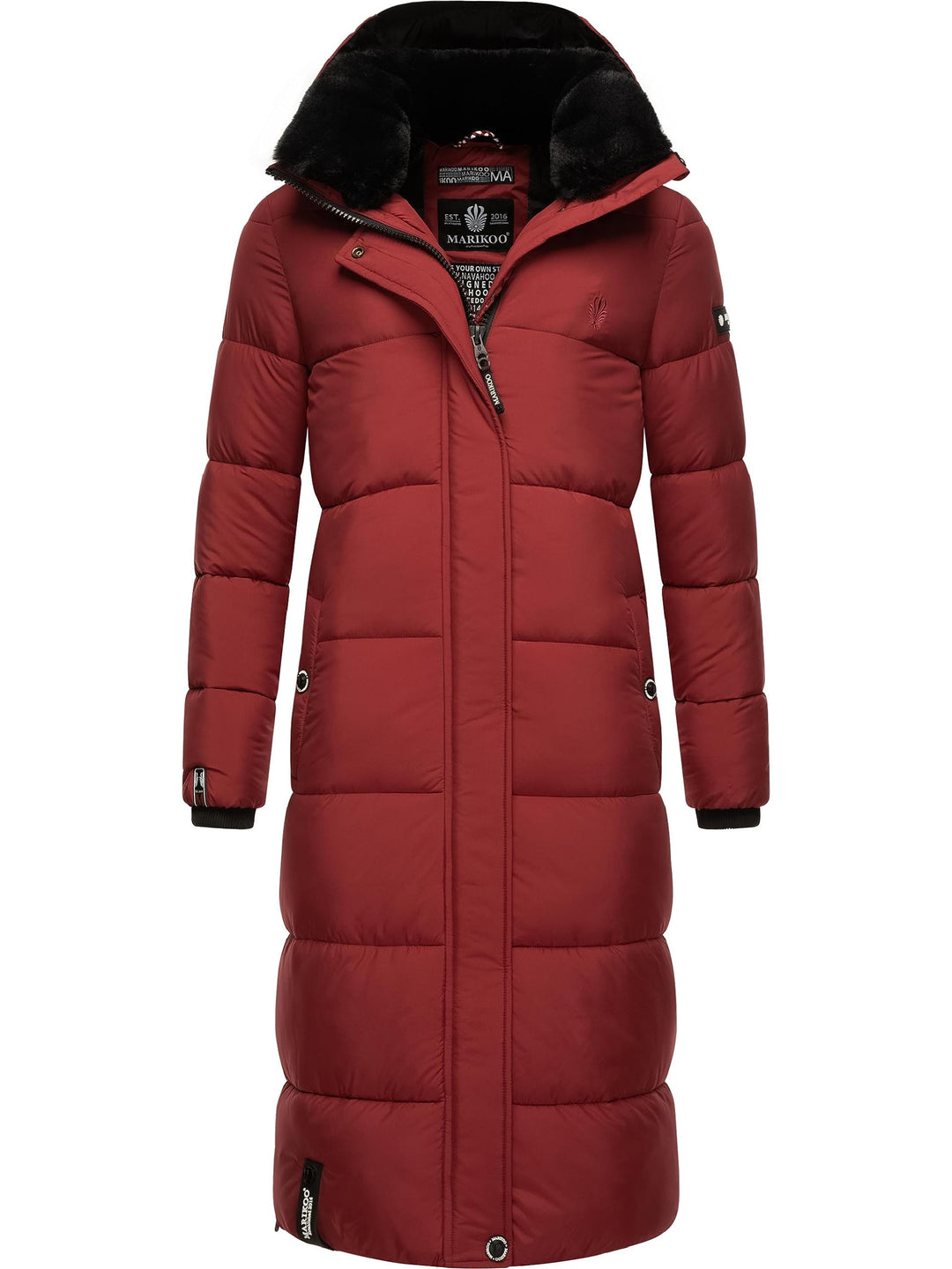 MARIKOO Damen Wintermantel warmer Steppmantel lang mit abnehmbarer Kapuze Reliziaa XS-XXL L Dark Red