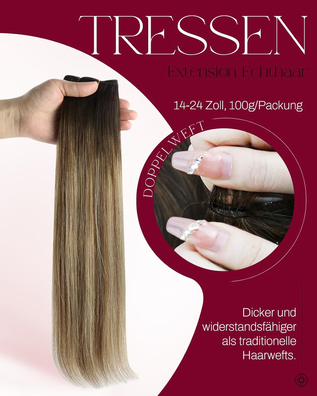 Moresoo 100g Tressen Echthaar 50 cm Braun bis Kastanienbraun mit Platinblond Echthaar Tressen Glatte