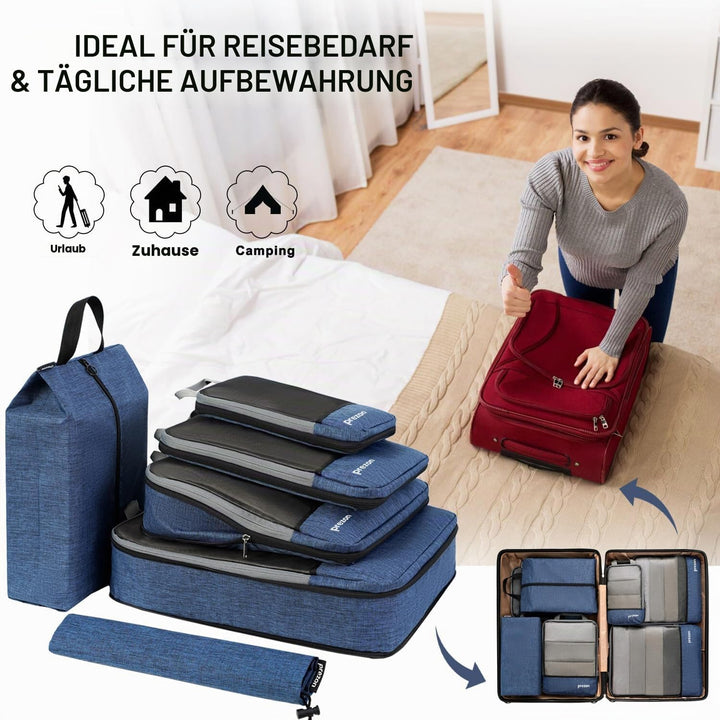 Prezon Komprimierbaren Packwürfeln mit Reiseschuhtasche und Wäschesack, Erweiterbarer Koffer-Organiz