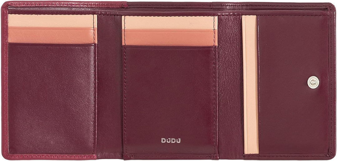 DUDU Kleine Damen-Brieftasche aus Leder mit RFID-Schutz, Münzfach und Klickverschluss, kompakt, 6 Ka