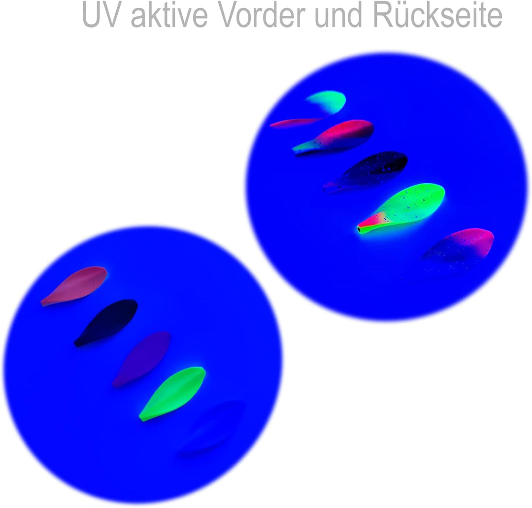 Njord Kalastus Inline Spoon Forelle Komplettset mit 5X Haken und 5X Perlen in Box 4g | UV Aktiv | Du