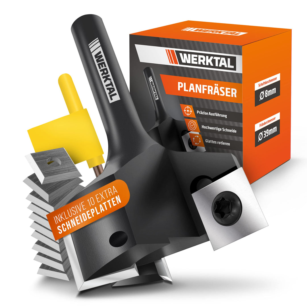 WERKTAL - Planfräser 8mm Schaft [39mm Durchmesser] - Präziser Hobelfräser mit 10 extra Wendeschneidp