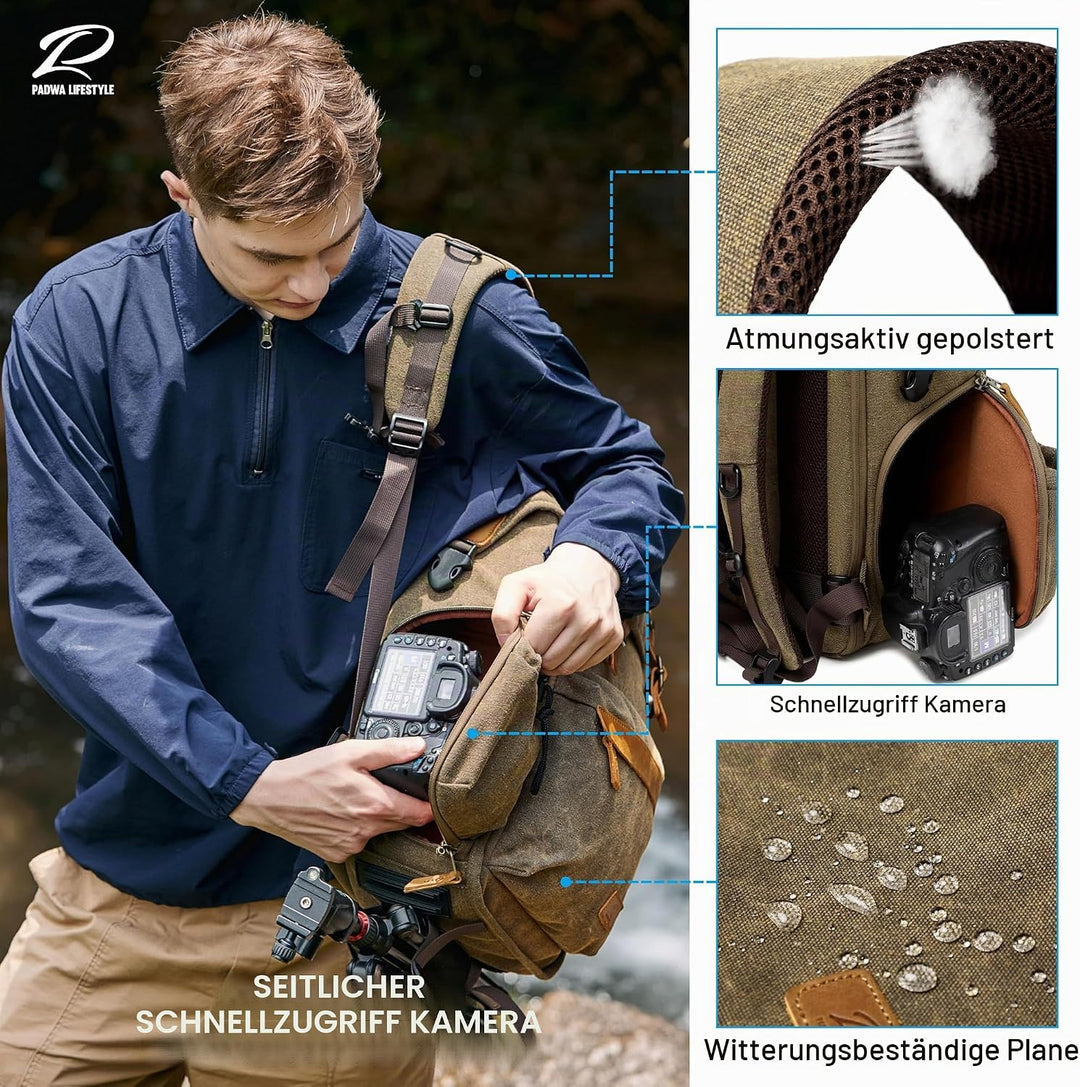Padwa Lifestyle Kamerarucksack - Gewachstem Memory Canvas mit 16“ Laptop-/Objektivfach und Stativfac