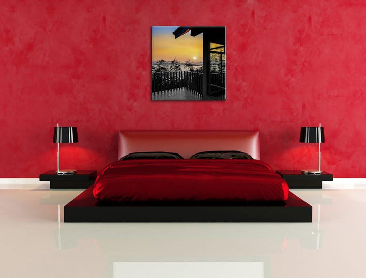 Pixxprint Aussicht auf Sonnenuntergang über See schwarz/weiss, Format: 70x70 auf Leinwand, 70x70