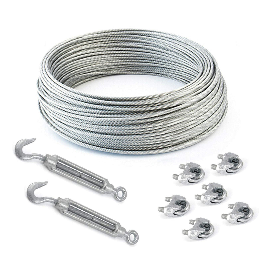 20m DRAHTSEIL SET 6mm 6x19+FC + 6 x SEILKLEMMEN 6mm DIN 741 + 2 x SPANNSCHLOSS M6 HAKEN - ÖSE verzin