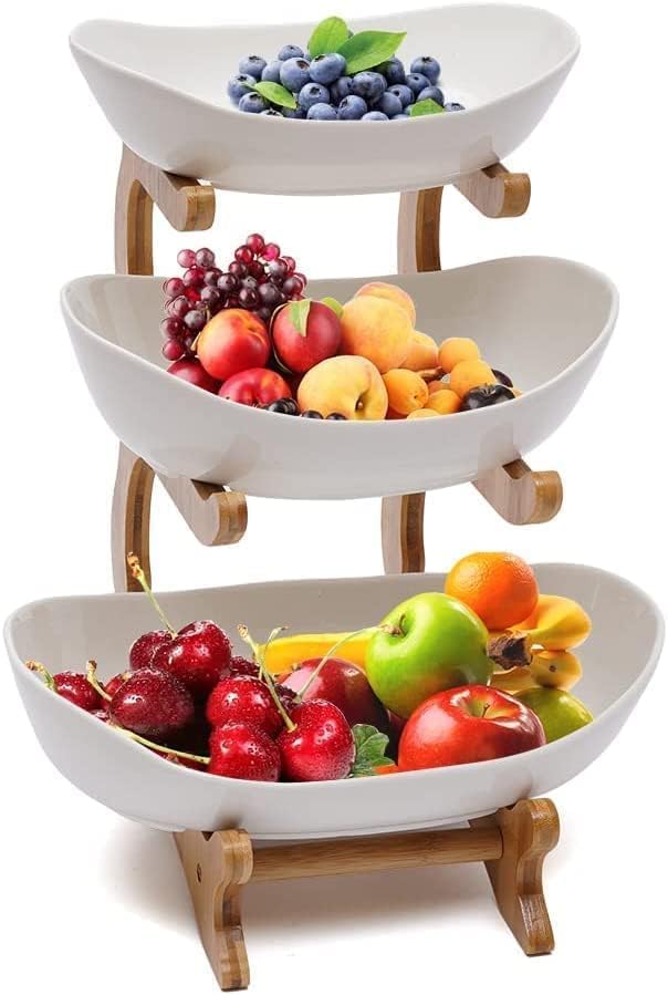 Dreamhigh® Keramik Obst Etagere mit 3 Etagen, Platzsparendes Obstkorb Etagere für die Familie, Stabi