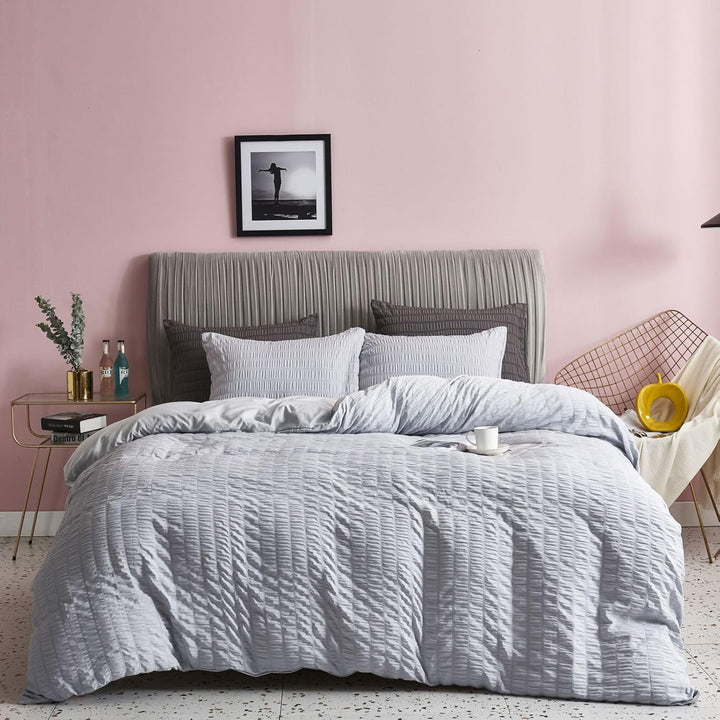 Freyamy Seersucker Bettwäsche 135x200cm 2teilig Hellgrau Geprägt Streifen Strukturiert Bettwaren-Set