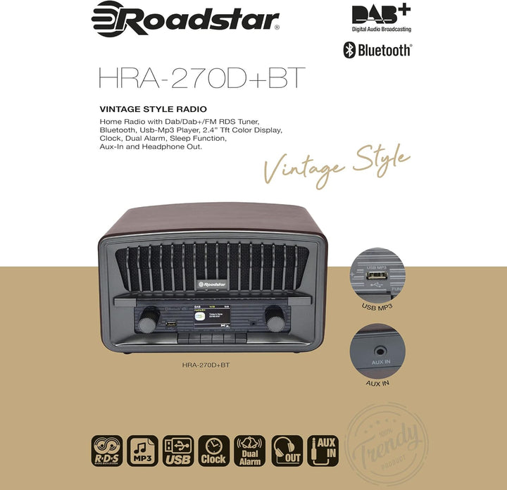 Roadstar HRA-270 D+BT Retro-Radio (Nostalgieradio mit DAB+/FM, Bluetooth, USB/MP3-Player, Aux-In und