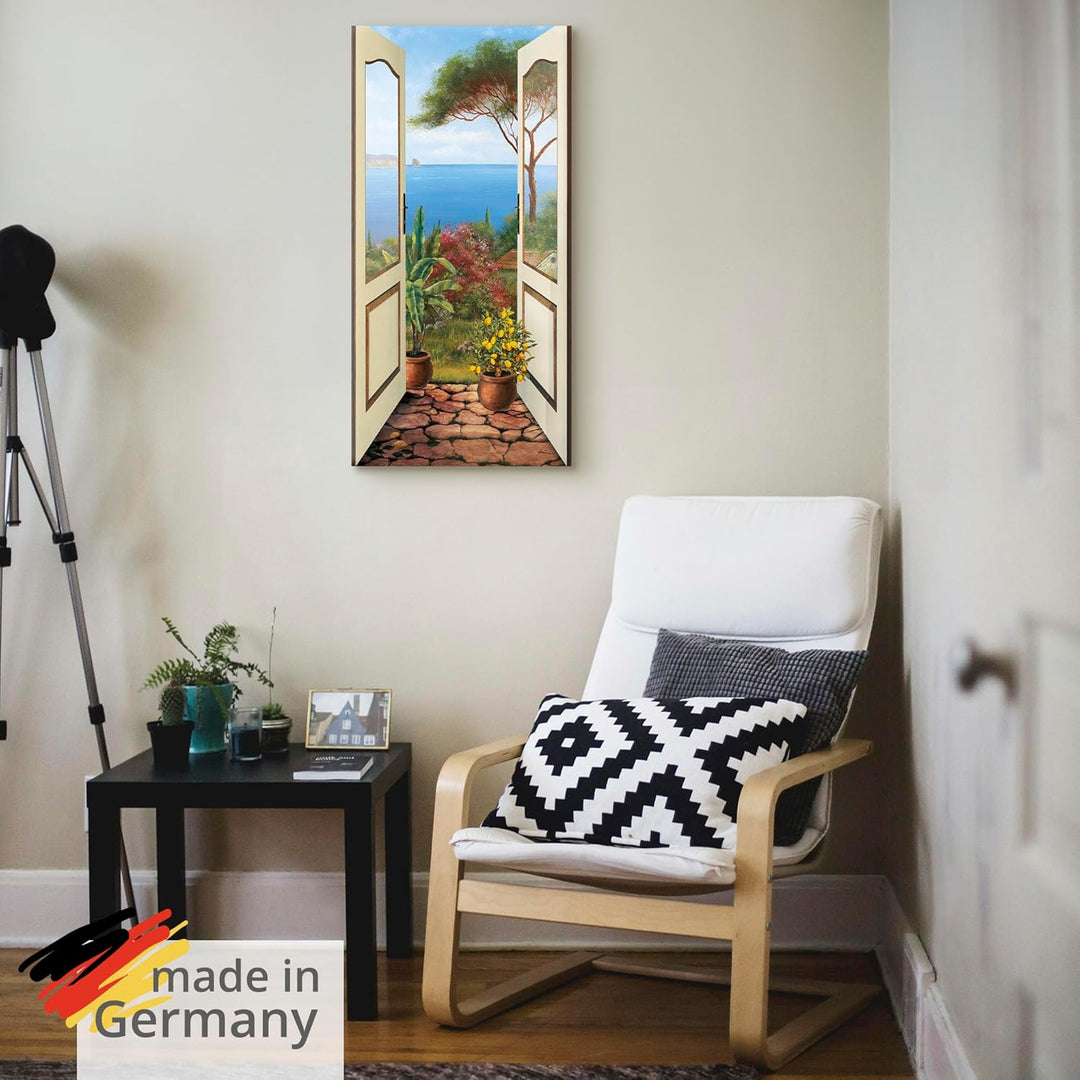 ARTLAND Wanddeko Leinwand Bilder Wandbild Fensterblick Garten Meer Landschaft Küste Natur Meerblick