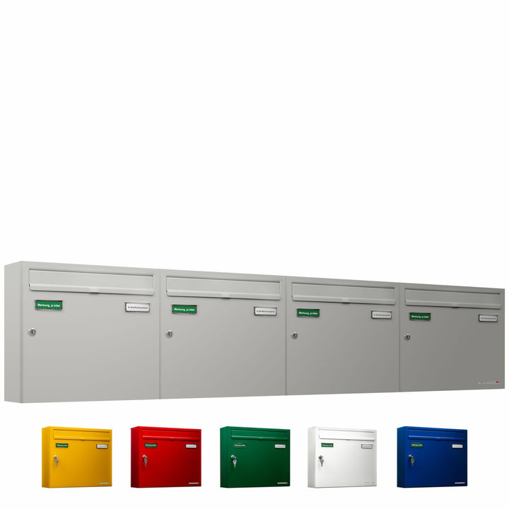 AL Briefkastensysteme Basic 4er Briefkasten RAL 9006 Weiss Aluminium Silber Edelstahl-farbig 4 Fach