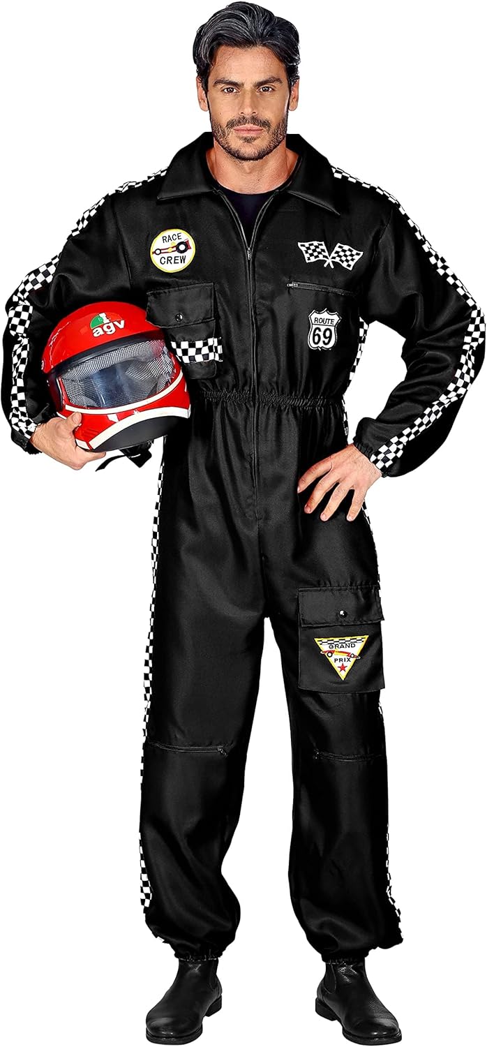 Widmann Rennfahrer Kostüm |Overall Jumpsuit schwarz | Verkleidung Beruf Anzug mit Taschen (schwarz,