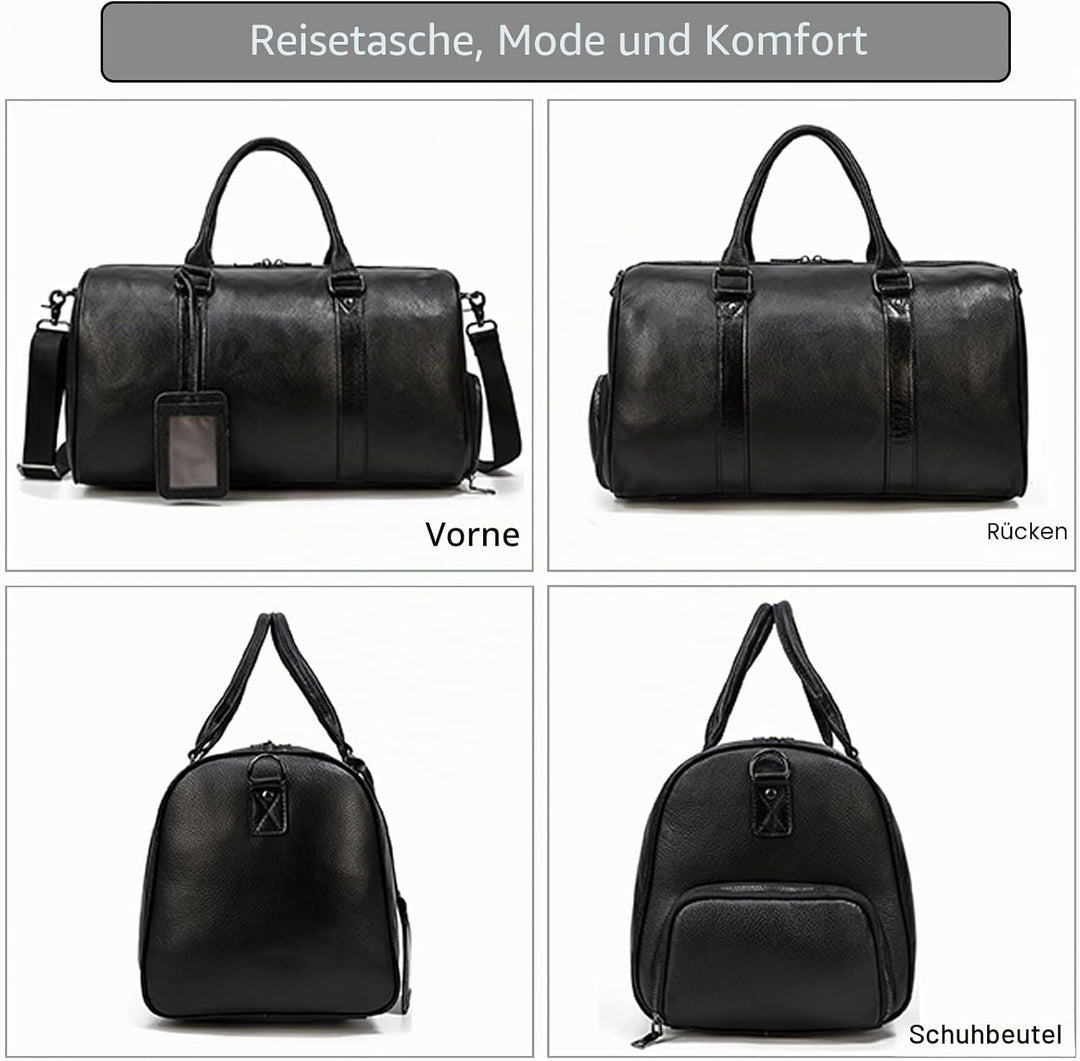 Luufan Unisex Leder Reisetasche Vintage Reisetasche Schwarz, Schwarz