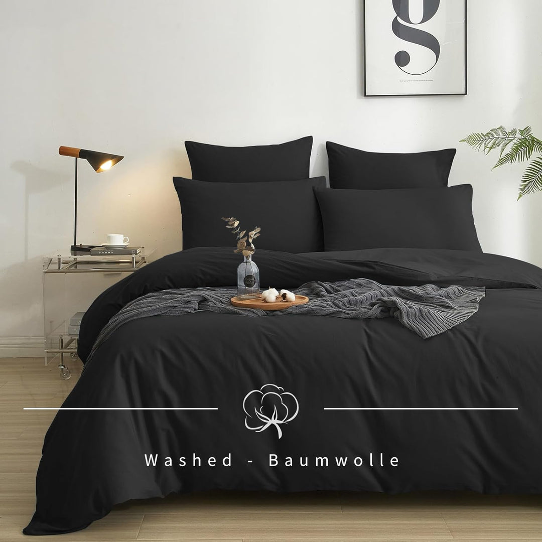 Luowei Bettwäsche 155x220 3teilig Schwarz Uni Einfarbig 110g/m² weich Mikrofaser 1 Bettbezug und 2er