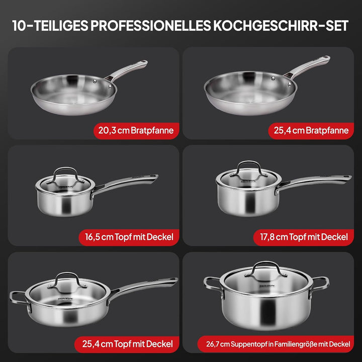ROVSUN 10-teilig Topfset und Pfannenset aus Edelstahl induktionsgeeignet für alle Herdarten, Spülmas