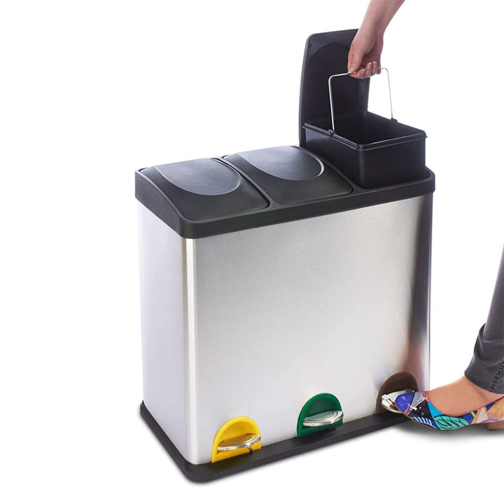 Floordirekt Mülleimer 2 oder 3 Fächer 24 L aus Edelstahl für Haushalt inkl. 15 Müllbeutel | Abfallei
