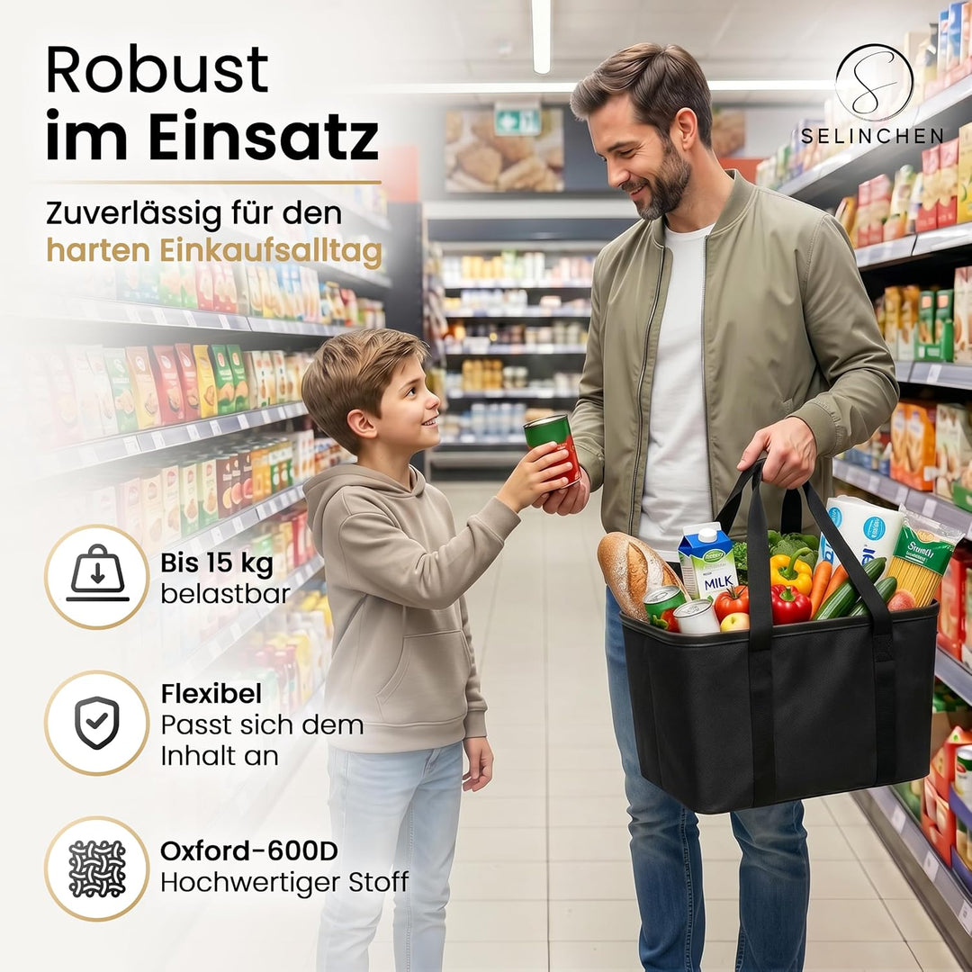 Selinchen® - Premium Einkaufskorb | Hochwertige Einkaufstasche faltbar und mit PU-Ledergriff | Ideal
