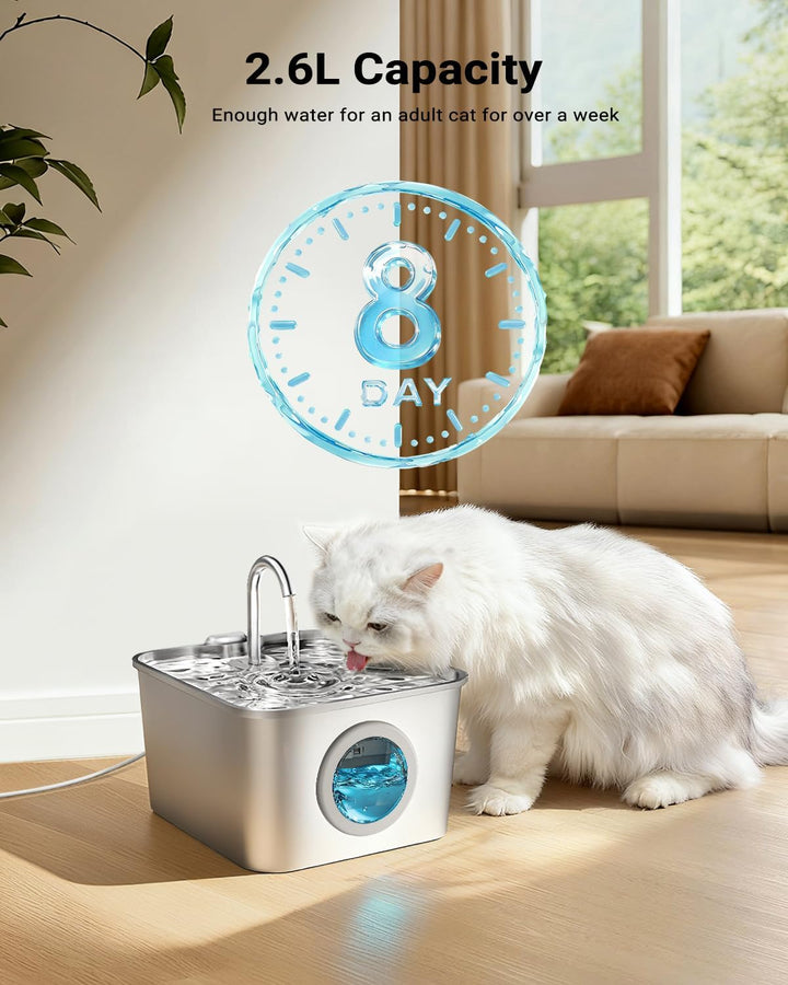 Katzenbrunnen Edelstahl Trinkbrunnen für Katze: 2,6L Katzentrinkbrunnen mit Kabel, Ultra leise Wasse