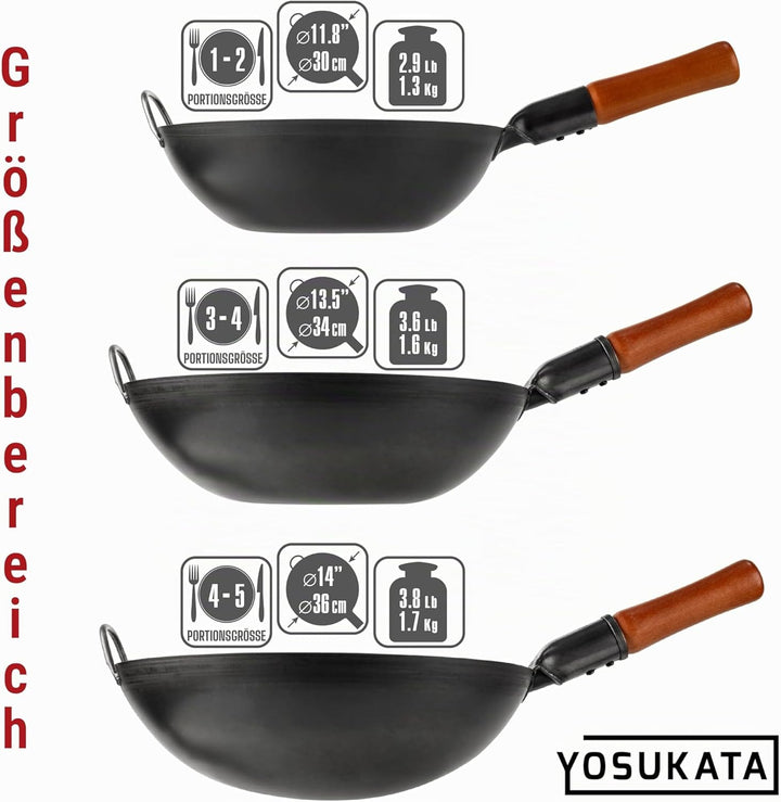 YOSUKATA Karbonstahl Woks &amp; Wokpfannen - 34 cm Voreingebrannter Wok Pfanne Karbonstahl Flacher Boden