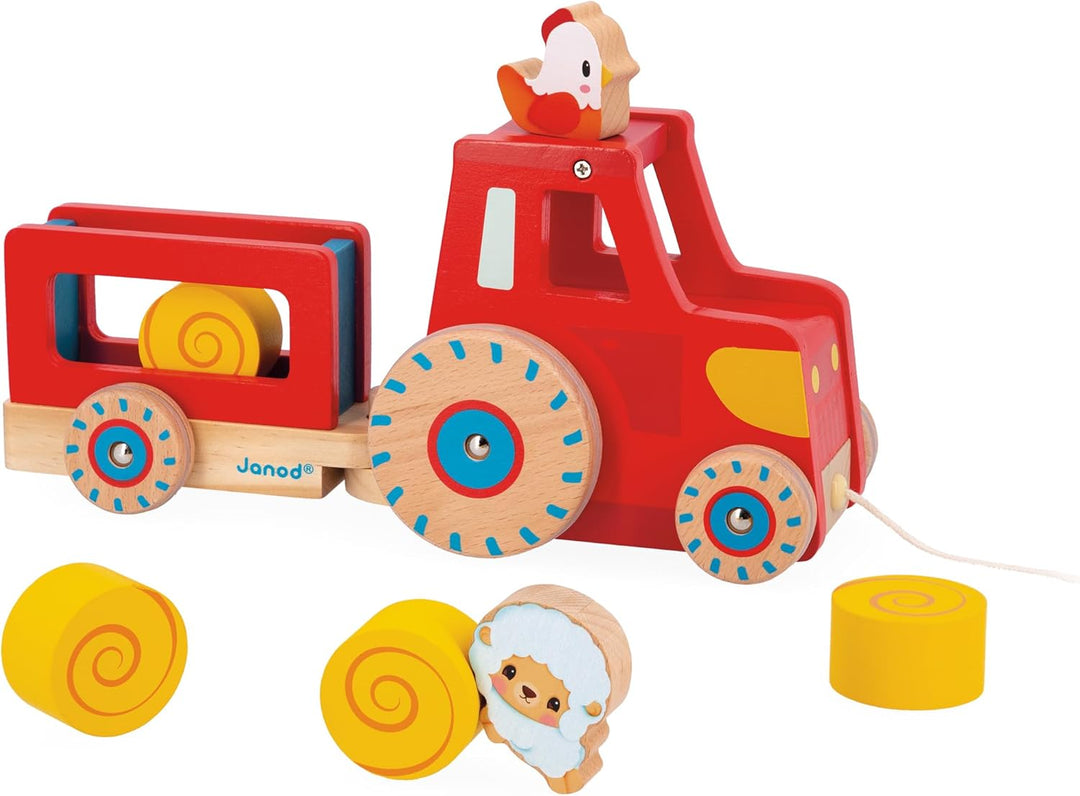 Janod - Traktor zum Ziehen - Baby- und Kleinkindspielzeug - 1 Spielzeugtraktor + 6 Zubehörteile - Ge