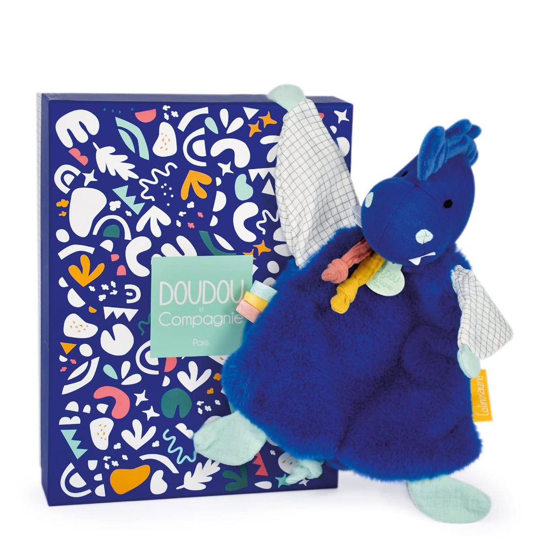 Doudou et Compagnie - Kuscheltier Dinosaurier – Kuscheltier flach – Blau – 25 cm – Les Calinosaures