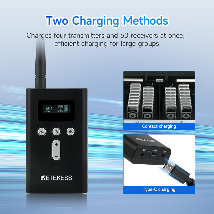 Retekess T130P (T130 3rd) Kabelloses Tour Guide System, Verbesserte Geräuschreduzierung, 160m, Typ-C