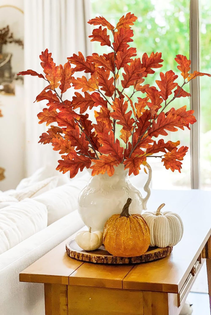 Hollyone 3 Stück Künstliche Eichenblätter Orange Herbstliche Kunstzweige 77 cm Stiel Künstlicher Dek