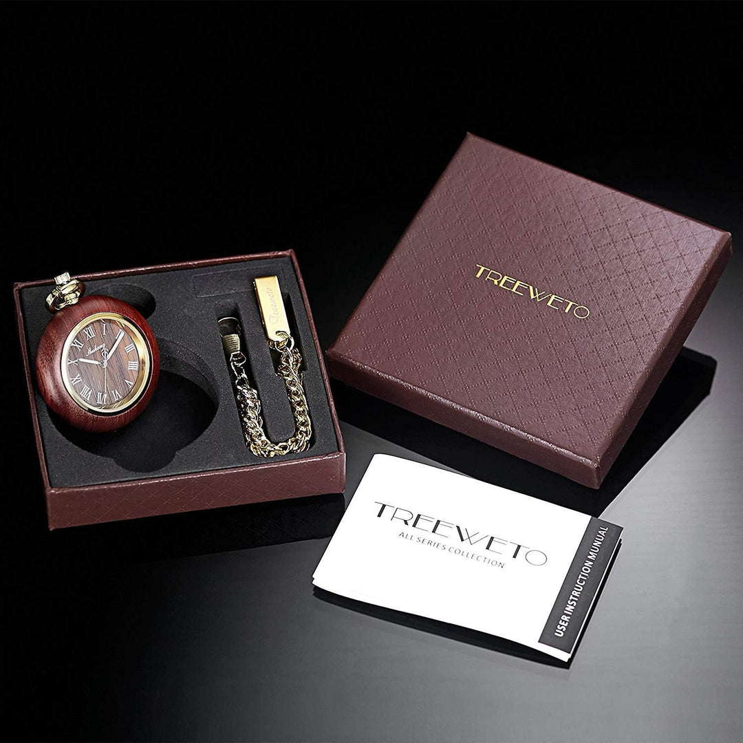 TREEWETO Unisex Holz Taschenuhr mit Kette Analog Quarz Römische Ziffern
