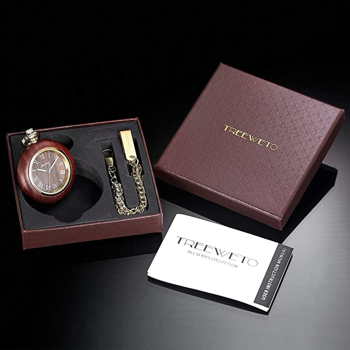 TREEWETO Unisex Holz Taschenuhr mit Kette Analog Quarz Römische Ziffern