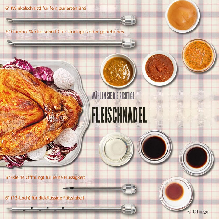 OFG Fleischspritze aus 304-Edelstahl, mit 4 Marinadennadeln für Holzkohlegrill, 60 ml Fassungsvermög