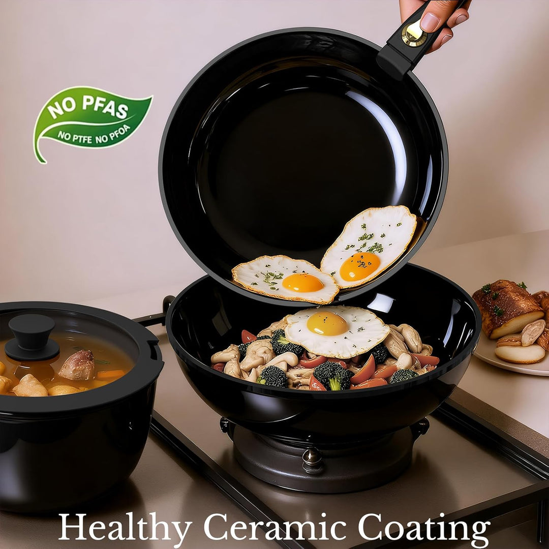 Töpfe und Pfannen Set Non-Stick, Keramik Kochgeschirr Set Abnehmbare/abnehmbare Griffe, RV Camping K