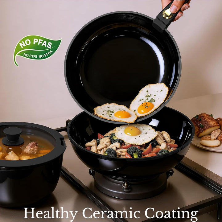 Töpfe und Pfannen Set Non-Stick, Keramik Kochgeschirr Set Abnehmbare/abnehmbare Griffe, RV Camping K
