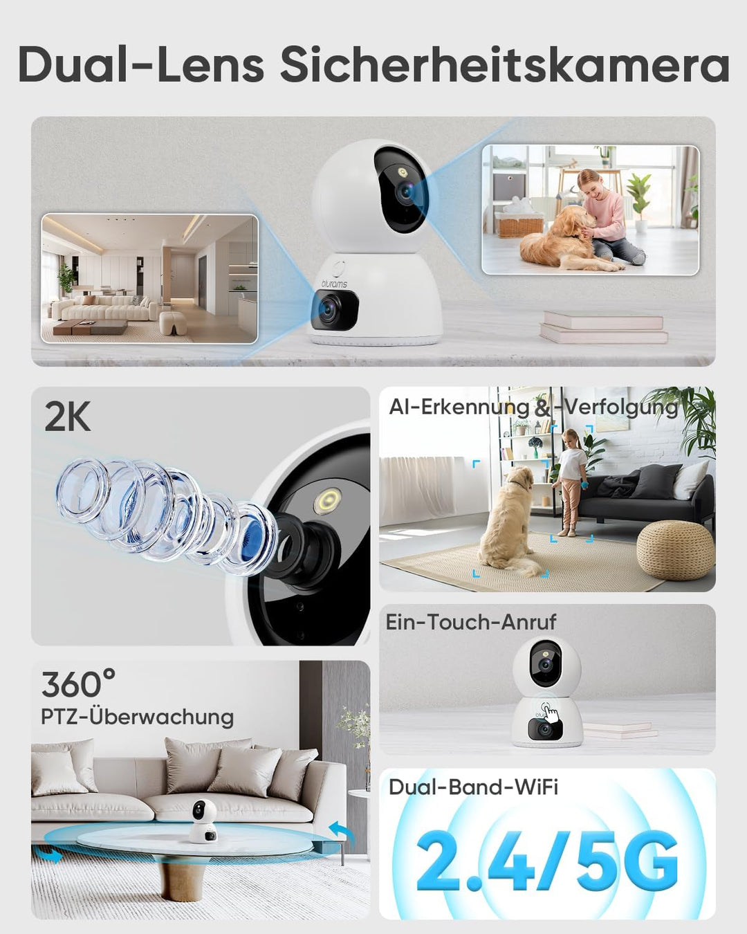 blurams Überwachungskamera Innen, 2K Dual-Objektiv Hundekamera, Kamera Überwachung Innen mit 360° Ab