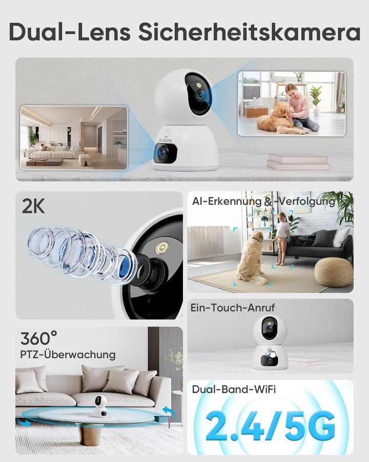 blurams Überwachungskamera Innen, 2K Dual-Objektiv Hundekamera, Kamera Überwachung Innen mit 360° Ab