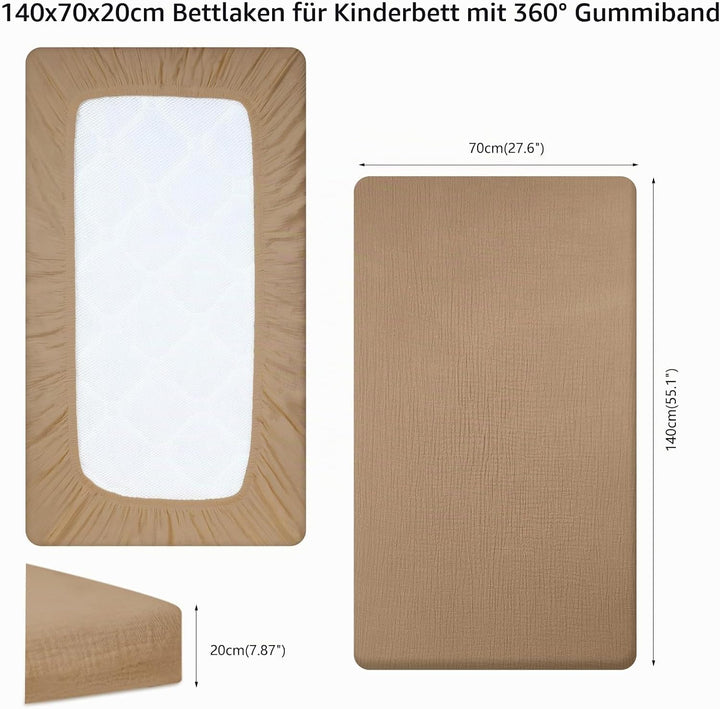 Peepeemax Kinder Spannbettlaken 70x140 cm, Musselin Baumwolle Bettlaken Kinderbett, Weich und Atmung