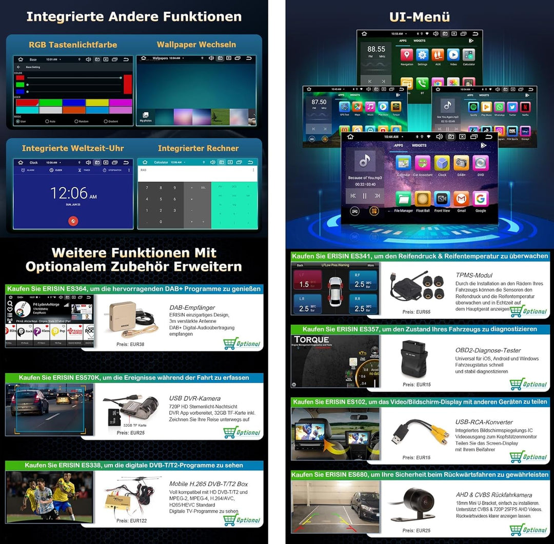 Erisin Android 14 8-Kern 4GB RAM+64GB ROM Autoradio GPS Navi für Audi A6 S6 RS6 Allroad 7 Zoll Bluet