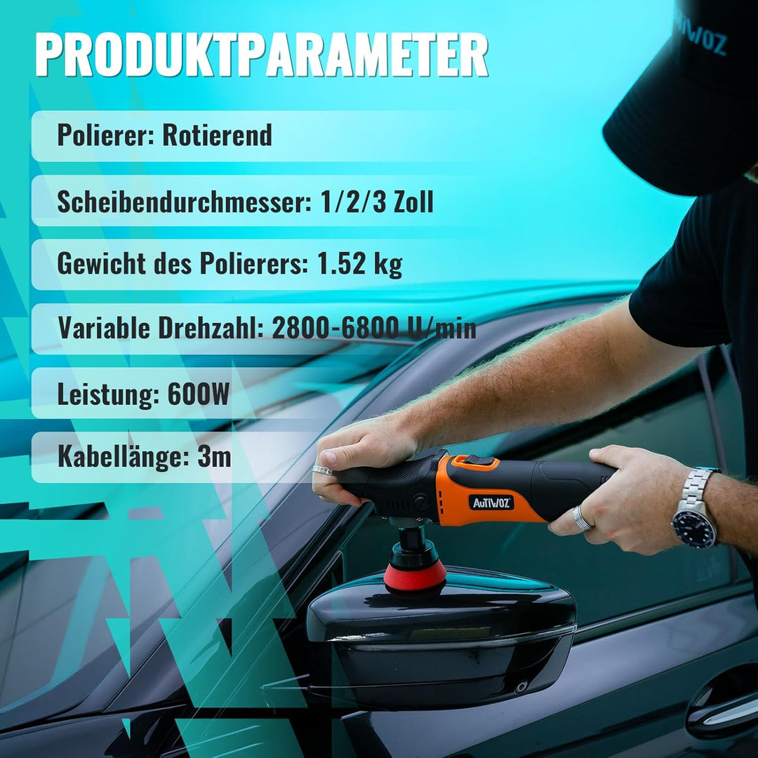 AUTIWOZ Mini Poliermaschine Auto, 600W Polierer mit 6 Variable Geschwindigkeiten 2800-6800 RPM, Abne