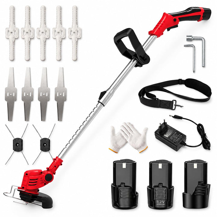Akku Rasentrimmer mit Akku mit 3 Akkus und 3 Klingentypens