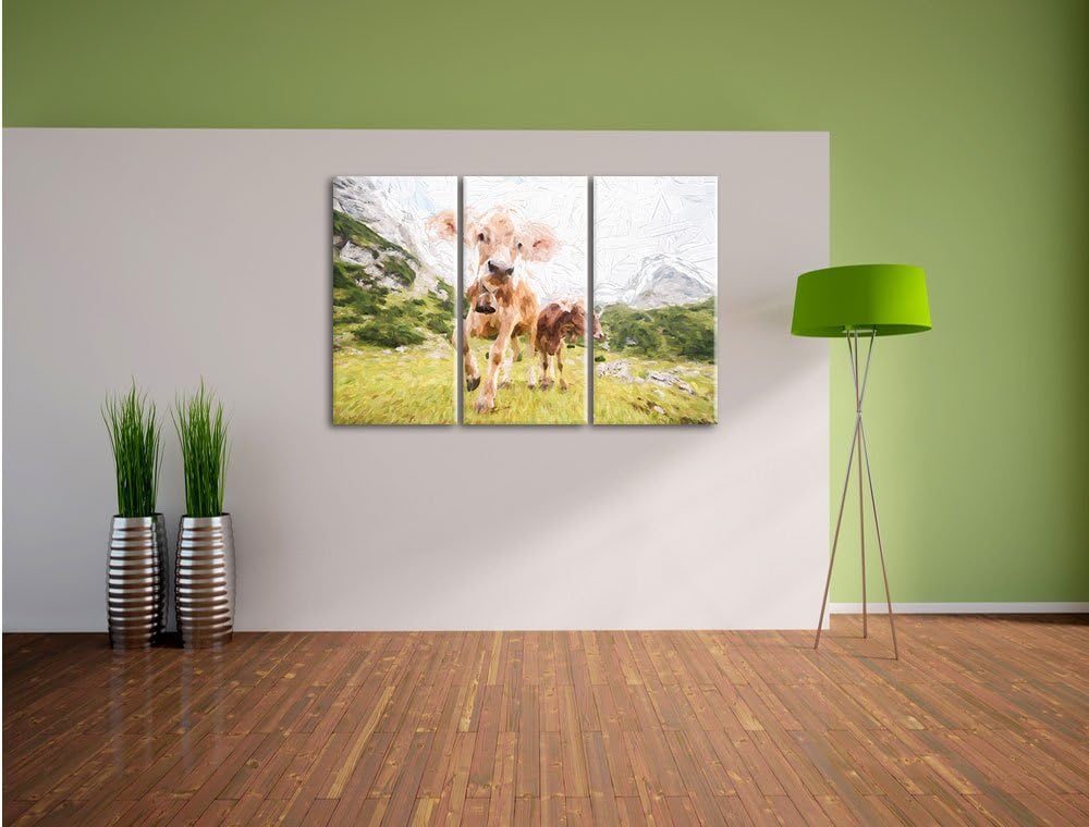 Pixxprint Almkuh auf der Weide Kunst als Leinwandbild | Grösse: 3 Teilig (120x80) | Wandbild| Kunstd
