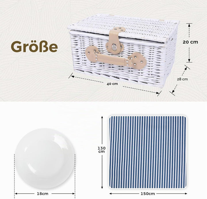 Picknickkorb Set für 4 Person mit Kühlfach und wasserdichte Picknickdecke, Abnehmbarer Riemen, Beste