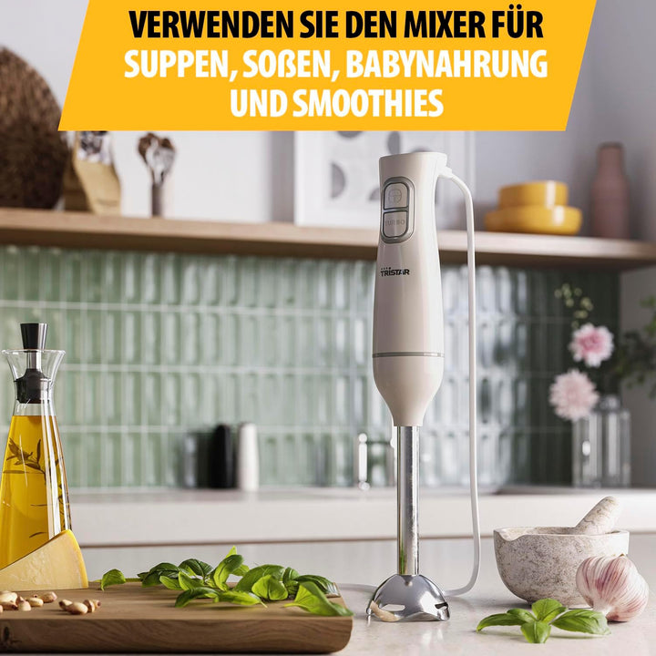 Tristar Stabmixer, Pürierstab mit Edelstahl-Mixfuss, Puls- und Turbofunktion, ergonomische Form, Wei